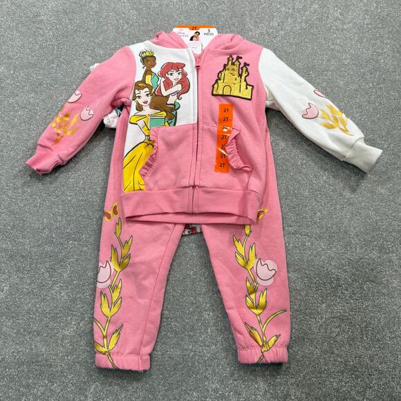 Disney Princess NWT 3 Piece Hoodie TShirt Legging Set Pink Gold 2T Ariel Belle - Picture 3 of 16